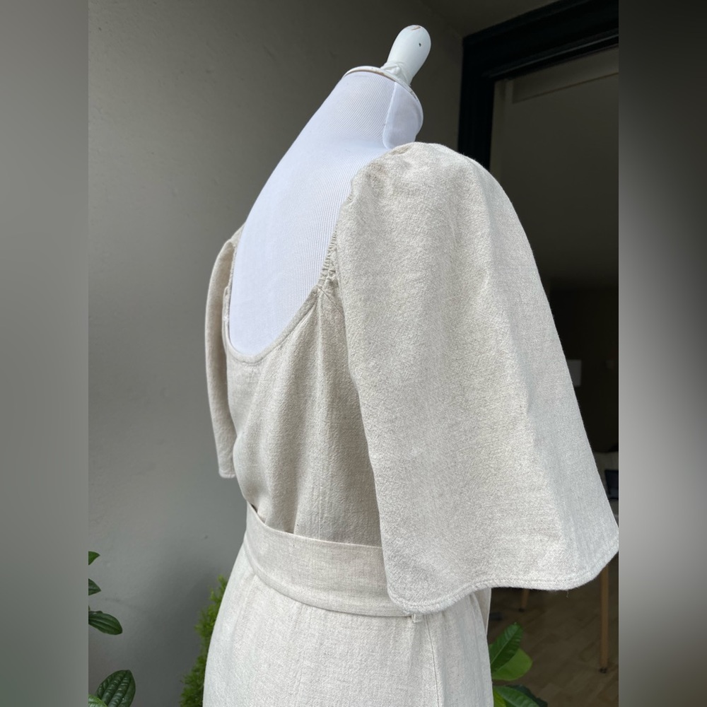 Cottagecore White Linen Mini Dress Puff Sleeve Belted Sweetheart Women 8 Coastal - Picture 5 of 11